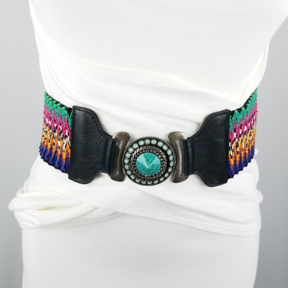 belt multicolor stretch with black leather‎ buckle / green rhinestone catch Y2K